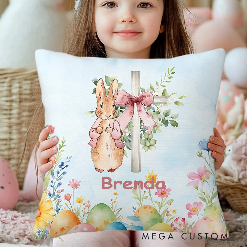 Personalized Floral Cross Rabbit Eggs Soft Throw Pillow with Name Home Decor Easter Gift Birthday Gift for Kids 