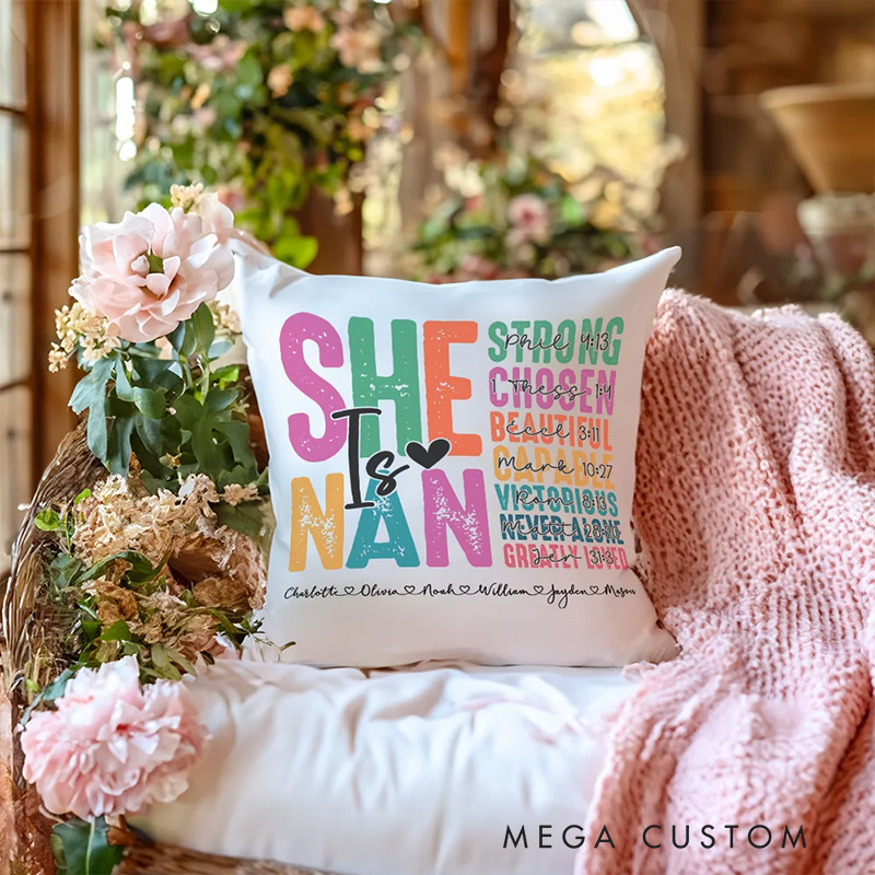 Personalized Colorful Letter She Is Mummy Bible Verse Throw Pillow with Nickname Mother's Day Birthday Gift Religious Gift for Mother Grandmother