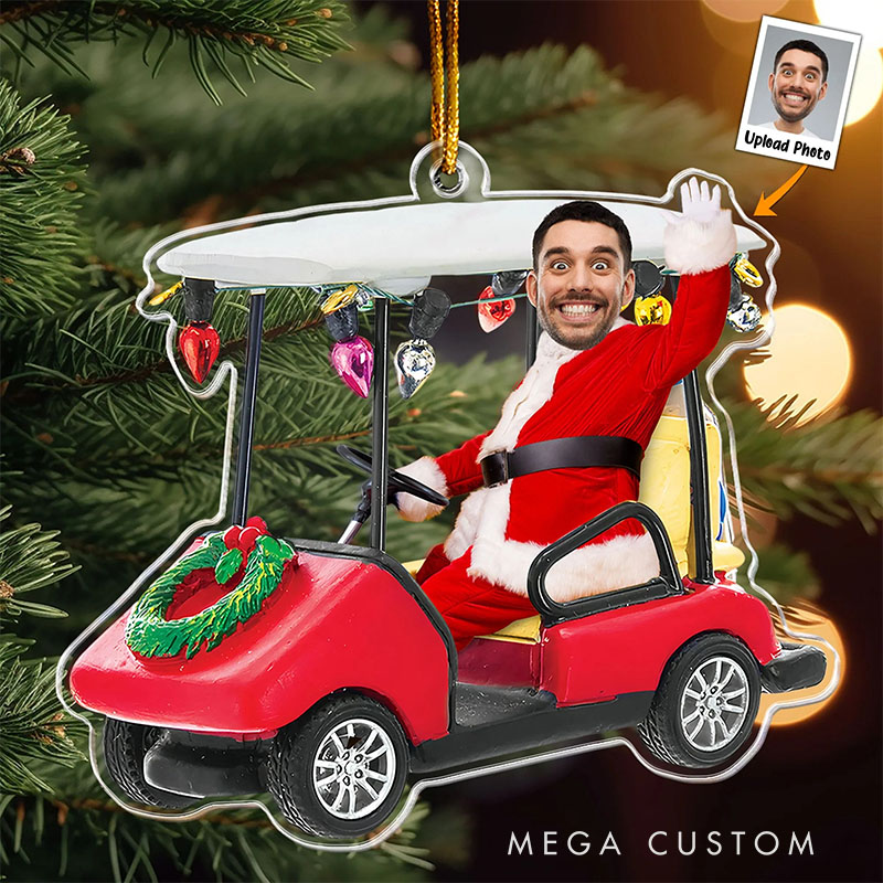 Personalized Santa Golf Cart Ornament with Custom Face  