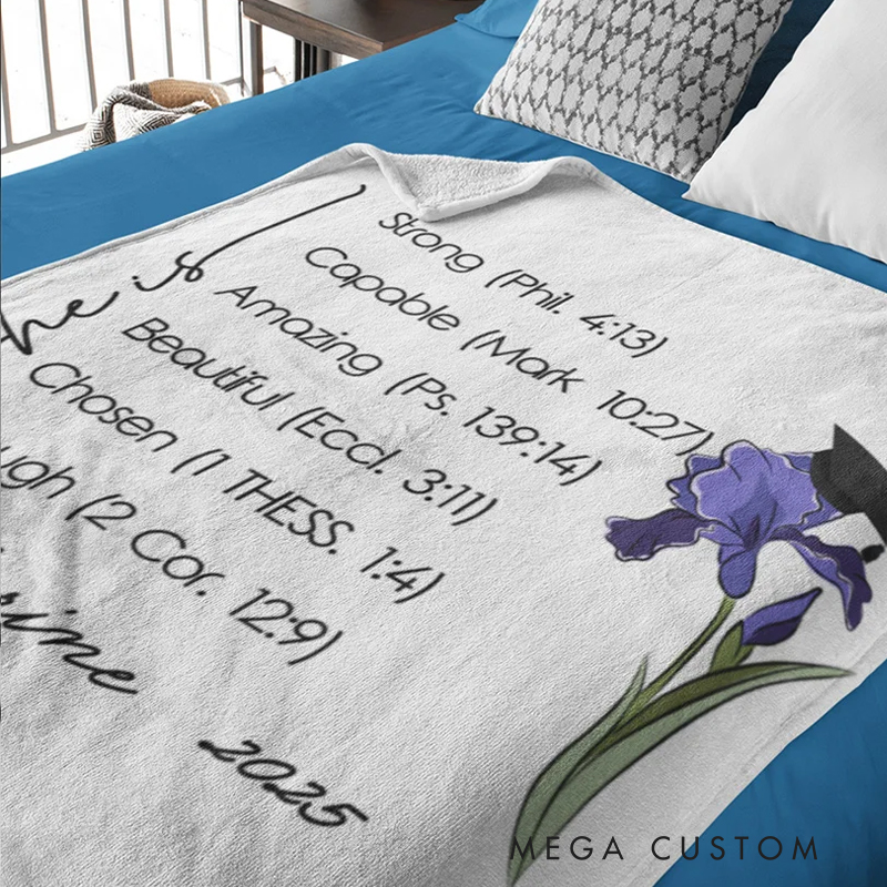 Personalized Graduation Cap Birth Flower Bible Verse Soft Throw Blanket with Name and Year Religious Day Birthday Graduation Gift for Graduate