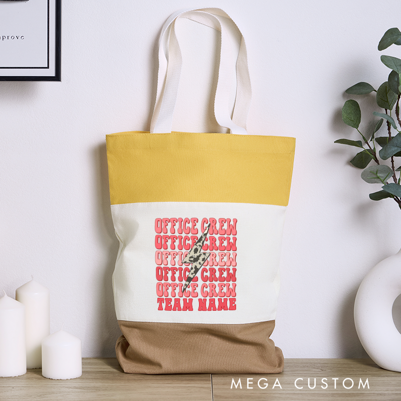 Personalized Office Crew Color Canvas Tote Bag Repeating Text Design Appreciation Gift for Coworker or Employee