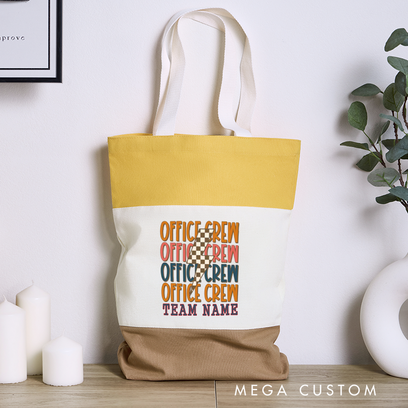 Personalized Office Crew Color Canvas Tote Bag Bold Repeating Text with Checkered Design Appreciation Gift for Coworker or Employee