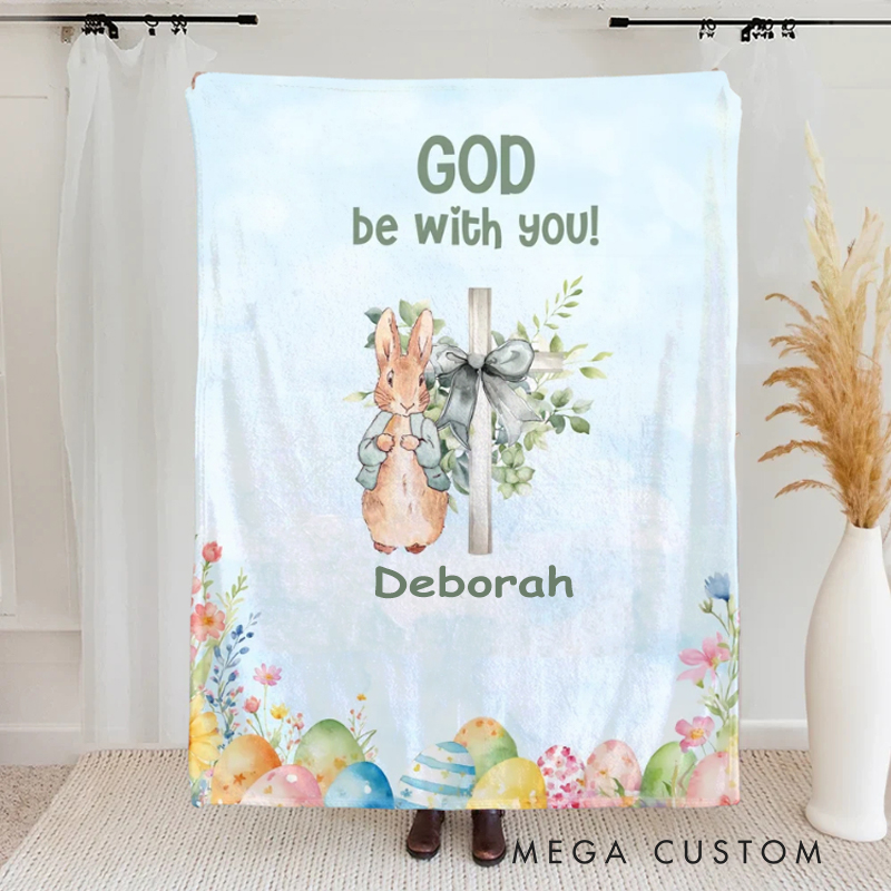 Personalized God Be with You Floral Easter Eggs Bow Cross Peter Rabbit Soft Throw Blanket with Name Home Decor Easter Gift for Christians