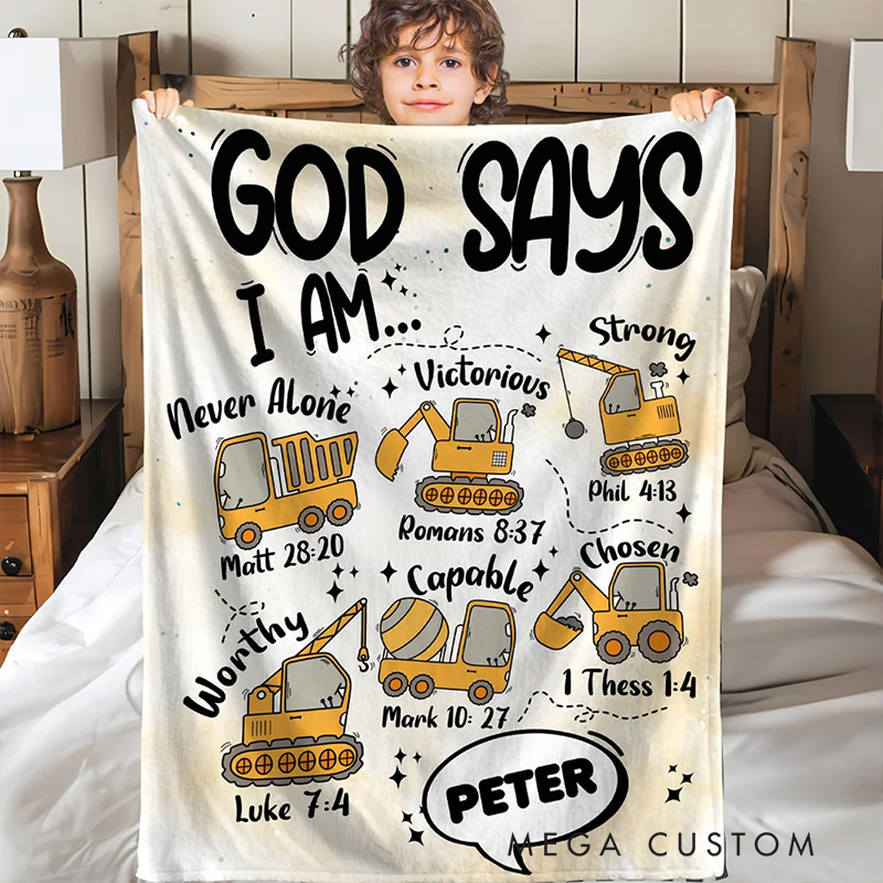 Personalized Construction Vehicle Dinosaur Animal God Says I Am Soft Throw Blanket with Bible Verse Home Decor Birthday Gift for Boys
