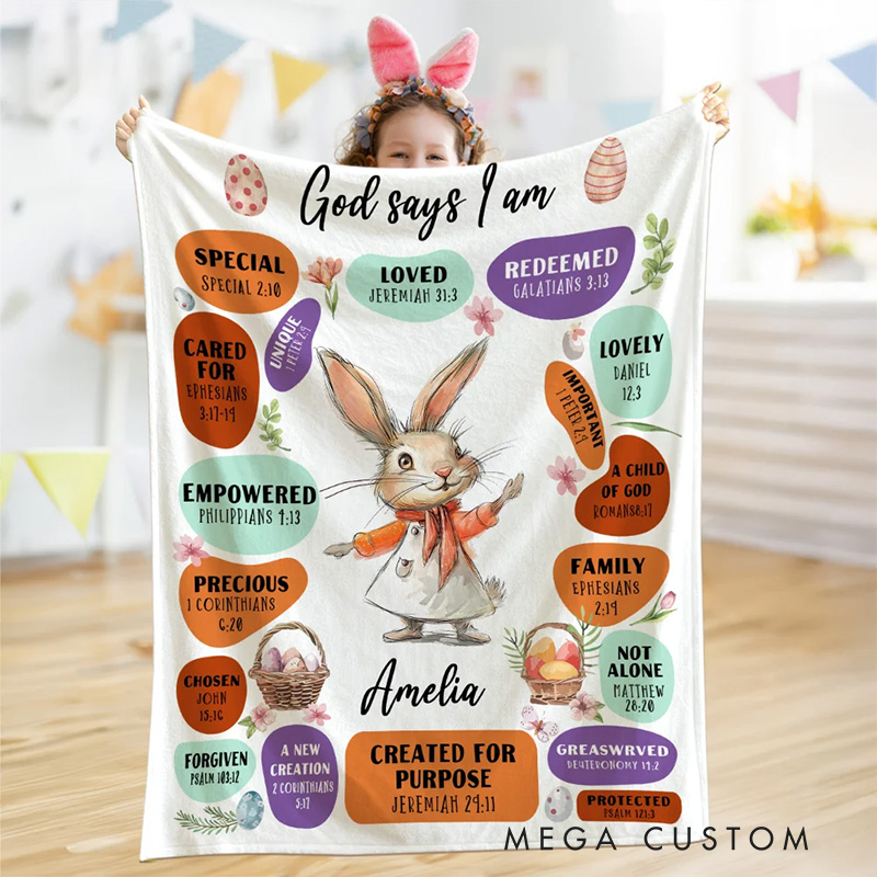 Personalized God Says I Am Dream Job Bunny Soft Throw Blanket with Name Home Decor Birthday Gift Easter Gift for Kids 