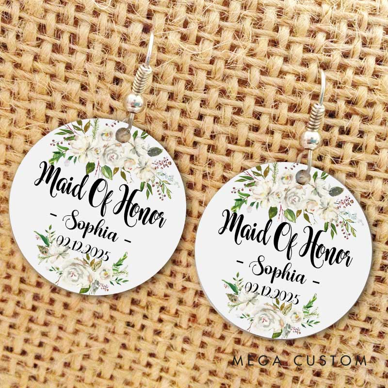 Personalized Floral Maid of Honor Earrings Bride Earrings Bachelorette Party Gift