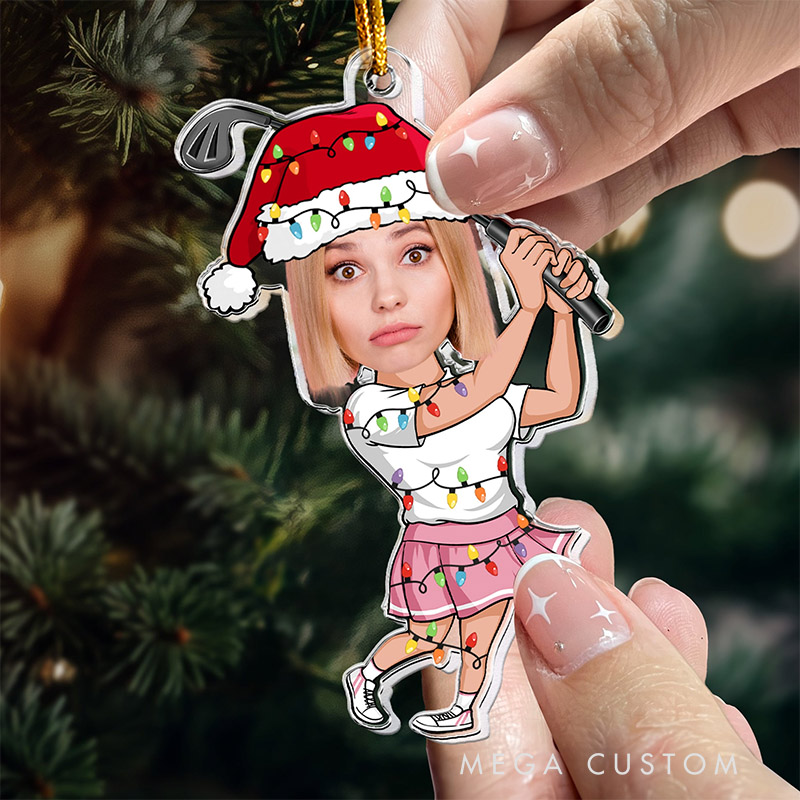 Personalized Acrylic Ornament with Custom Photo and Holiday Golf Theme  