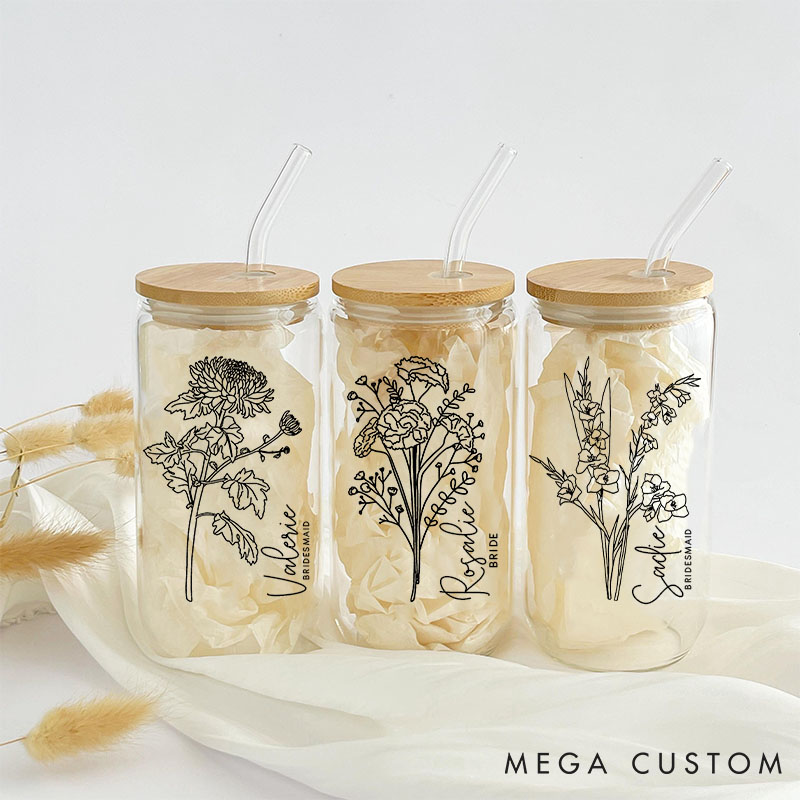 Personalized Bridesmaid Birth Flower Can Glasses with Lid and Straw Bride Wildflower Coffee Cup Bachelorette Party Gift