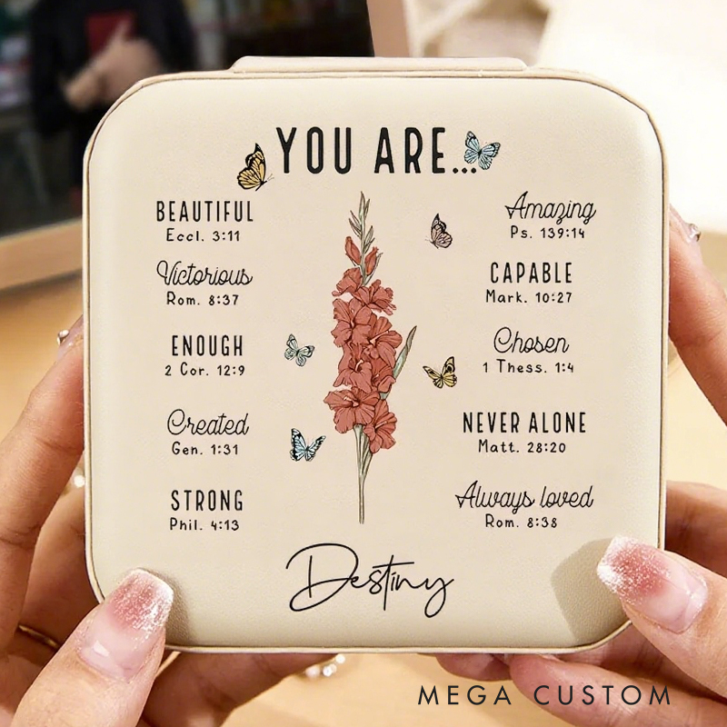 Personalized You Are Bible Verse Birth Flower Leather Jewelry Box with Name Travel Essentials Birthday Anniversary Gift for Women Christians