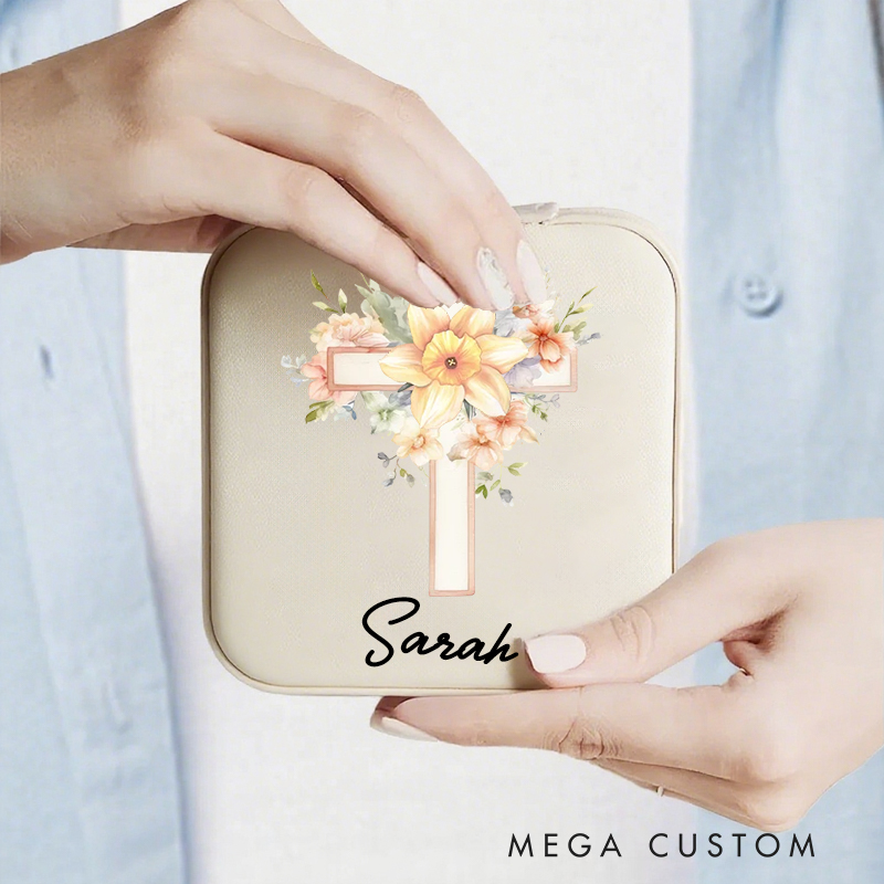 Personalized 1-5 Birth Flowers Cross Leather Jewelry Box with Name Travel Essential Birthday Gift for Women Christian