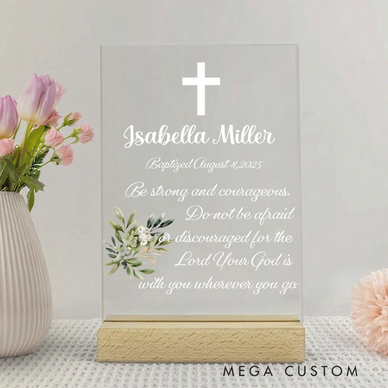 Personalized Flower Leaf Wreath Cross Wooden Base Acrylic Sign with Name and Text Table Decor Religious Gift Birthday Gift for Kids