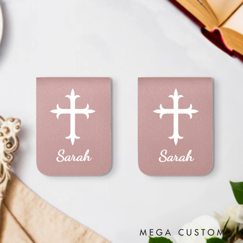 Personalized Cross Birth Flowers Magnetic Leather Bookmark Clip with Name Baptism Birthday Gift for Bookworms Christian Bible Reader