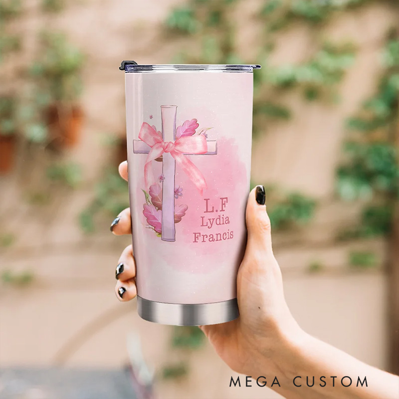 Personalized Pink Coquette Bow Tie Cross 20oz Tumbler with Name Birthday Gift Religious Gift for Women and Girls