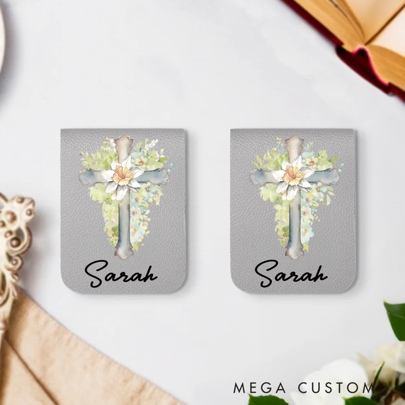 Personalized Watercolor Cross 1-5 Birth Flowers Magnetic Leather Bookmark Clip with Name Birthday Gift for Bible Reader Book Lover Christian