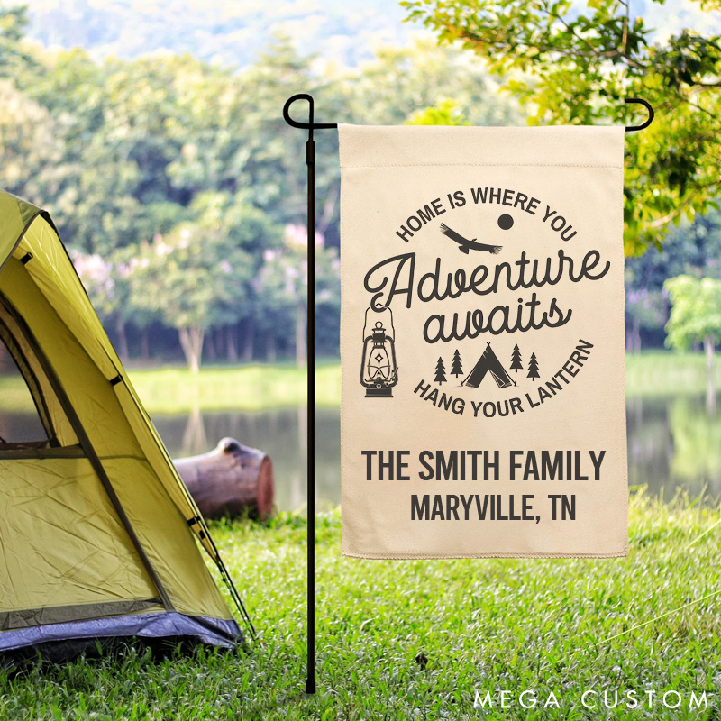 Personalized Camping-Inspired Family Garden Flag Adventure Awaits Garden Flag Gift for travel Hiking Lovers
