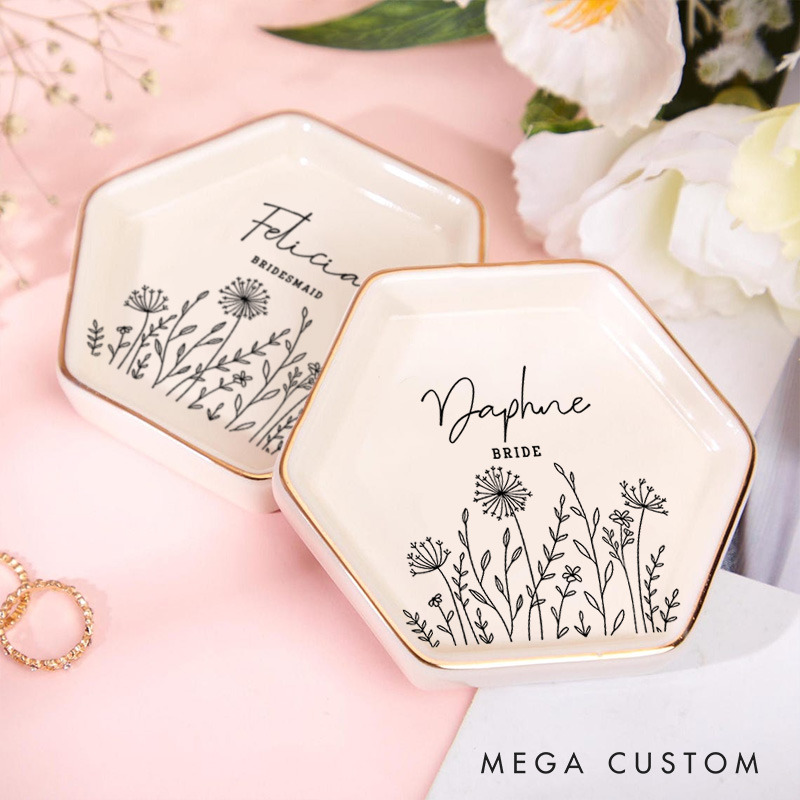 Personalized Bridesmaid Wildflower Ring Dish Bride Best Friend Jewelry Dish Bachelorette Party Gift