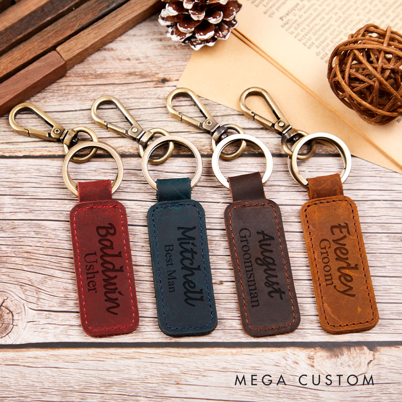 Personalized Leather Best Man Proposal Keychain Ring Bearer Usher Gift Groomsman Gift Crazy Horse Leather Keychain for Him