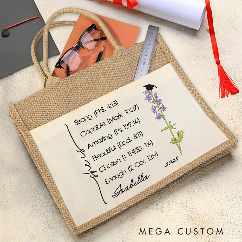 Personalized Bible Verses Birth Flower Graduation Cap Tote Bag with Name and Year Large Storage Graduation Gift for Women Christian Graduates