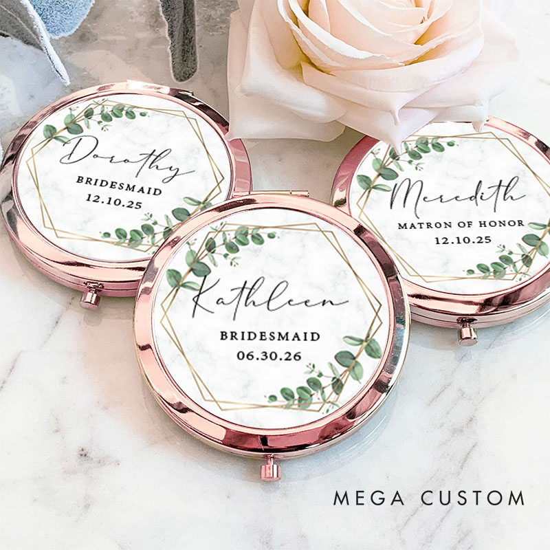 Personalized Maid of Honor Eucalyptus and Geometric Wreath Mirror Bride Compact Mirror Bachelorette Party Gift