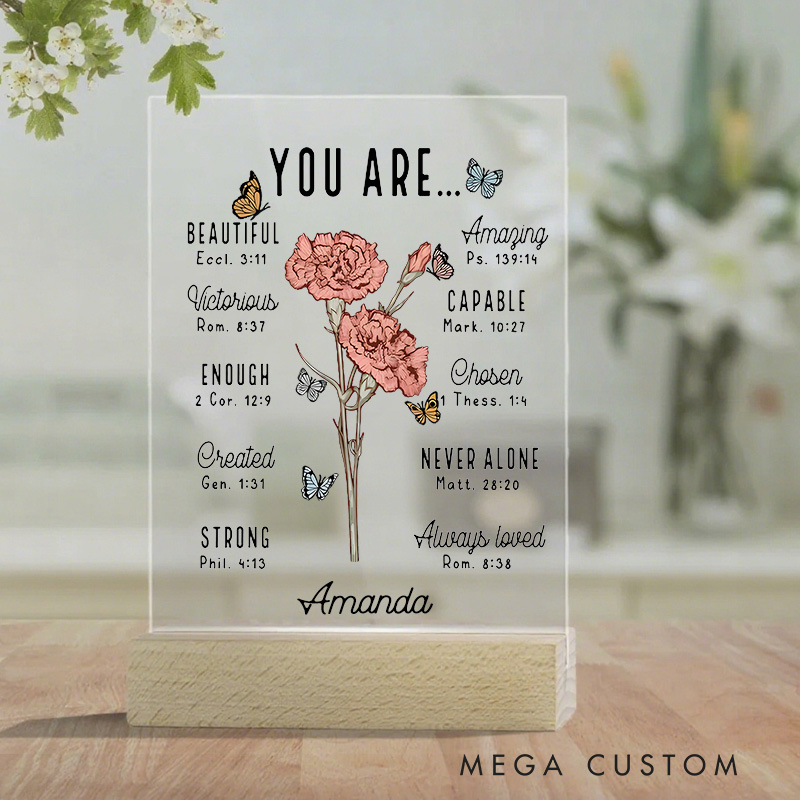 Personalized You Are Bible Verse Birth Flower Acrylic Sign with Name and Wooden Base Home Decor Birthday Gift for Women Christians