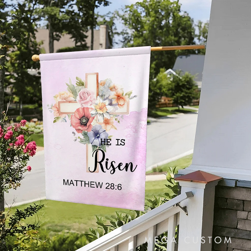 Personalized He is Risen Watercolor Cross 1-5 Birth Flowers Garden Flag with Text Yard Porch Decor Easter Holiday Religious Gift for Family Christian