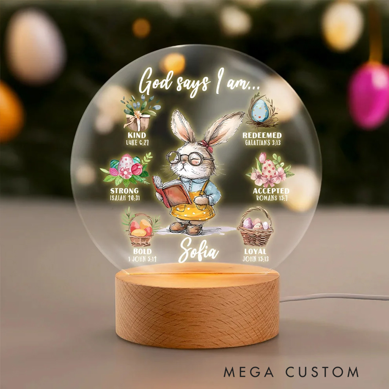 Personalized Bunny Career God Says I Am Name LED Night Light with Wooden Base Nursery Decor Birthday Easter Gift for Christian