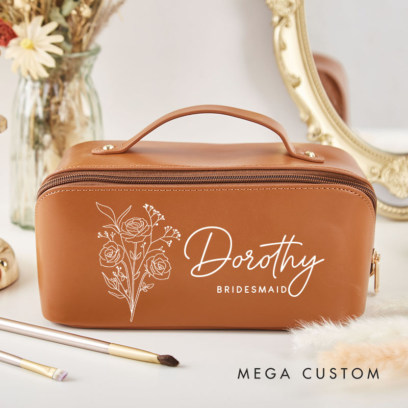 Personalized Bridesmaid Birth Flower Makeup Bag Bride Moth Wildflower Cosmetic Bag Wedding Flower Toiletry Pouch