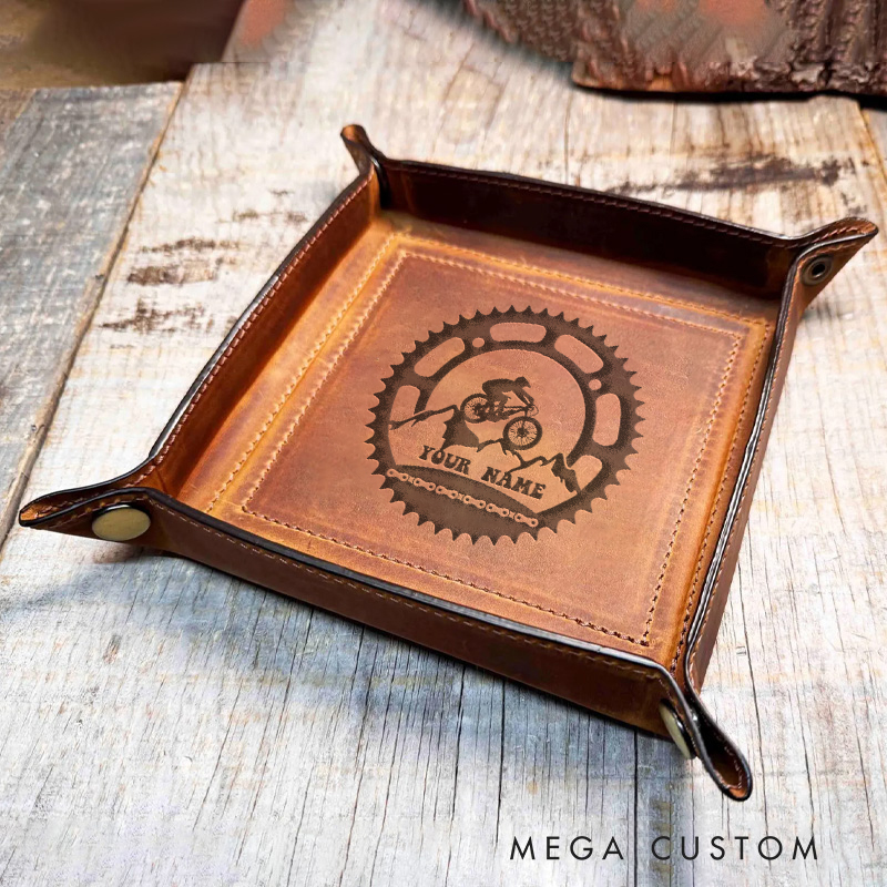 Personalized Mountain Biker Leather Tray Organizer Monogrammed Home Decor Catchall Tray Gifts for Outdoor Adventures Riding Cycling Biking Enthusiasts