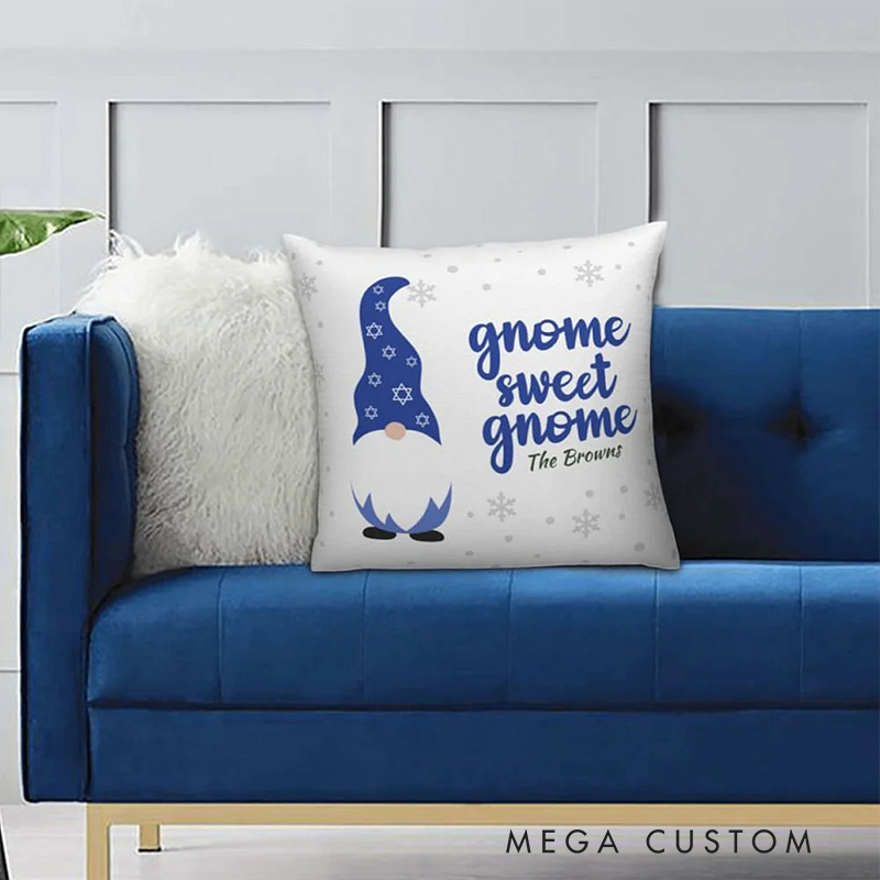 Personalized Cute Blue Gnome Throw Pillow with Name Home Decor Birthday Hanukkah Gift for Jewish Family Friend