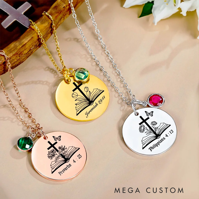 Personalized Bible Verse Cross Birth Flower Necklace with Birthstone and Text Religious Jewelry Birthday Gift for Women and Girls