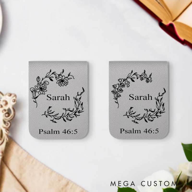 Personalized Birth Flower Wreath Magnetic Leather Bookmark Clip with Name Bible Verse Christmas Gift for Book Lover