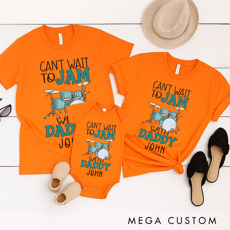 Personalized Daddy and Me Drum Set Classic T-shirt Cute Jam with Dad Matching Family Gift for Fathers Day New Dad Kid Baby Custom Name Unisex Top