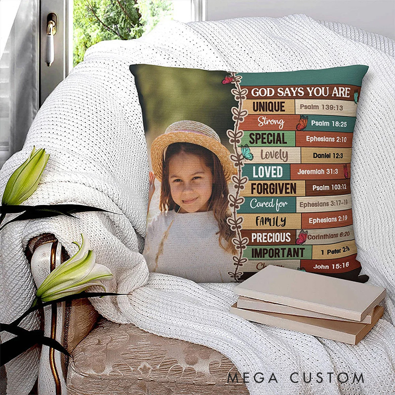 Personalized God Says You Are Bible Verse Affirmation Throw Pillow with Photo Religious Inspirational Christian Gift for Kids