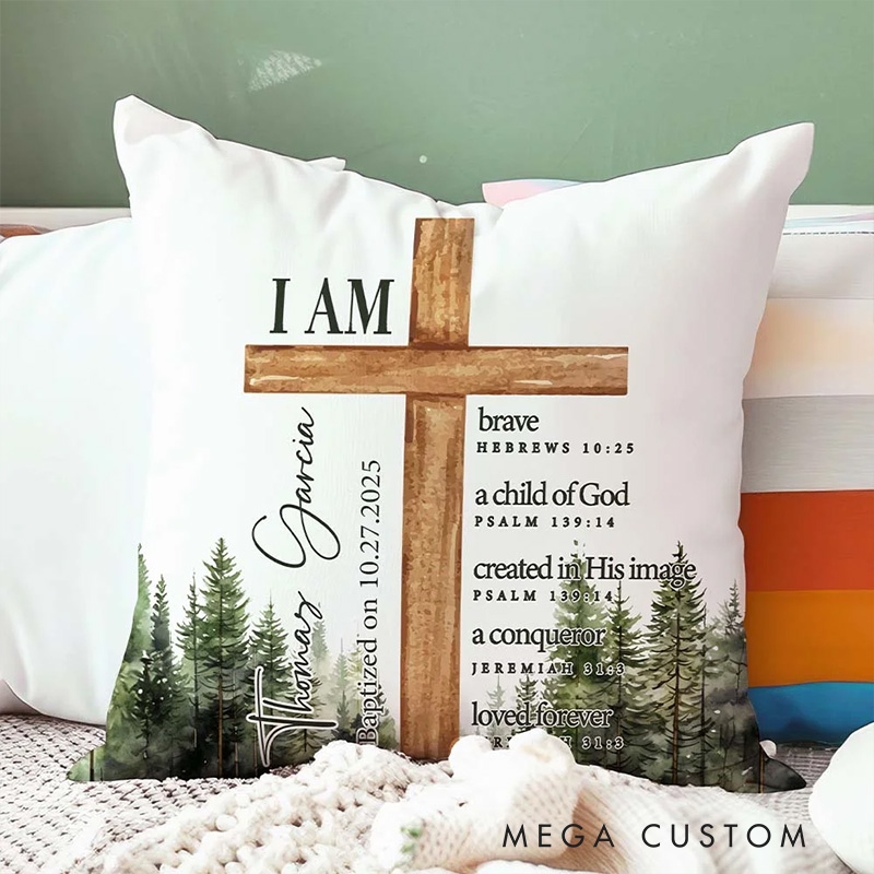 Personalized Forest Cross Bible Verse Throw Pillow with Name Home Decor Christening Gift Birthday Gift for Boys