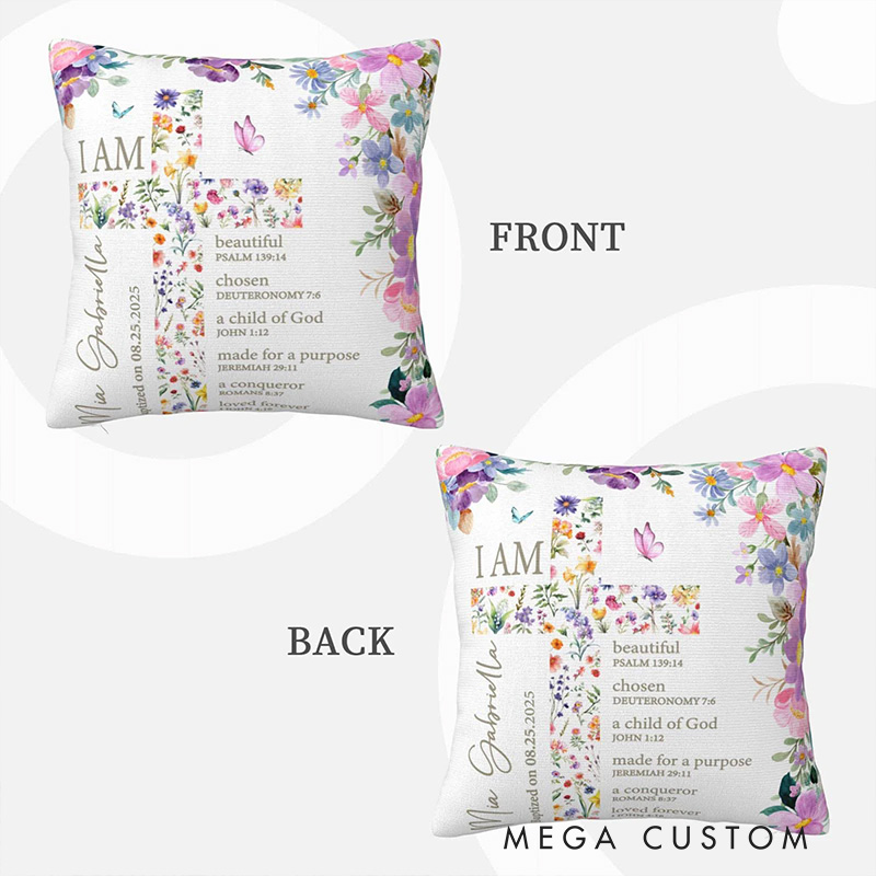 Personalized Floral Cross Bible Scripture Throw Pillow with Name The First Baptism Communion Confirmation Gift for Girls