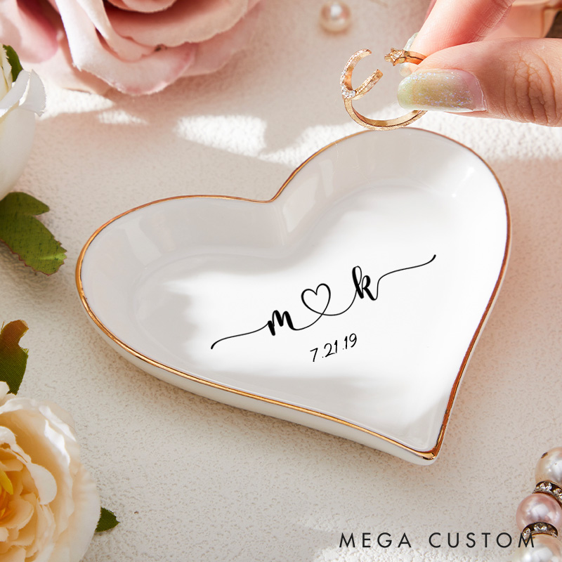 Personalized Elegant Flowing Initials with Heart and Date Wedding Engagement Gold-Trimmed Ring Dishes