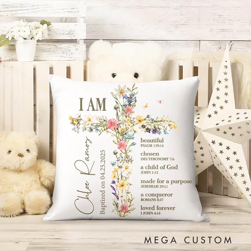 Personalized Floral Cross Bless Bible Verse Soft Throw Pillow with Name and Text Baptism First Communion Gift for Girls