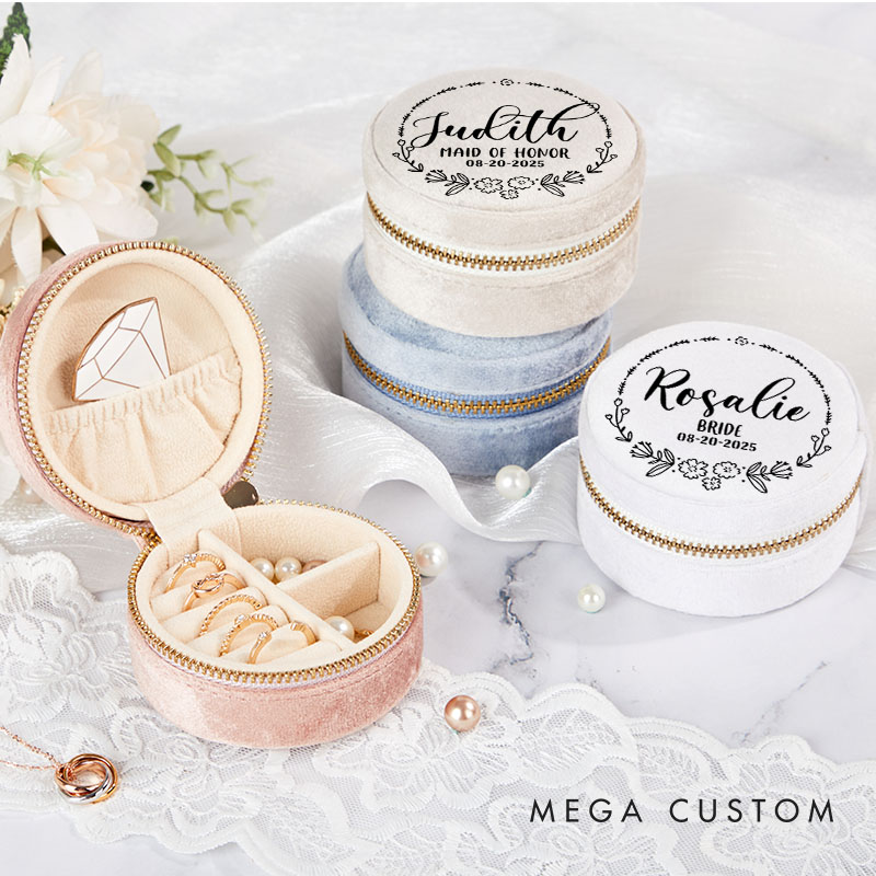 Personalized Bridesmaid Wreath Jewelry Box Bride Round Velvet Jewelry Box for Her Wedding Bachelorette Party Gift