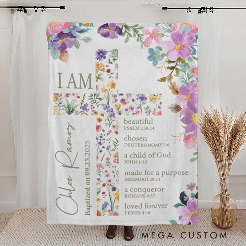 Personalized Floral Cross Bible Verse Soft Throw Blanket with Name and Text Baptism Confirmation Gift for Girls Christians