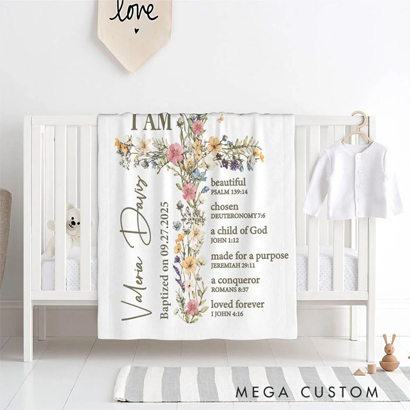 Personalized Floral Cross Bless Bible Verse Soft Throw Blanket with Name and Text Baptism Gift First Communion Gift for Girls 