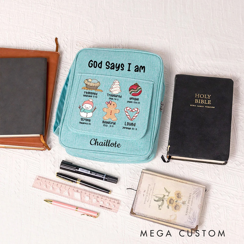 Personalized God Says I Am Redeemed Loved Portable Bible Storage Bag with Pen Slot and Zipper Bible Reading Christmas Birthday Gift for Christians