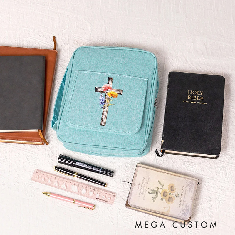 Personalized Birth Flower Cross Bible Cover Carrying Case with Name Pen Slot and Holder Birthday Christmas Gift for Christians