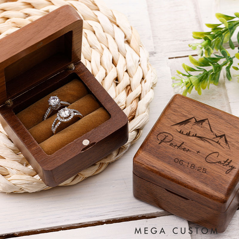 Personalized Mountain Peaks Couple Engagement Wedding Engraved Walnut Ring Box