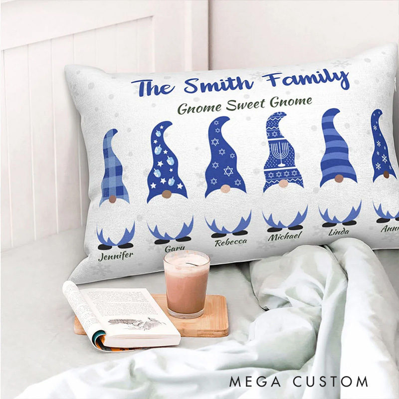 Personalized Cute Hanukkah Gnome Family Throw Pillow Cover with 1-6 Names Happy Hanukkah Gift for Jewish Family