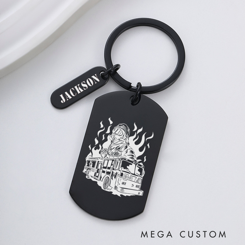 Personalized Fireman Keychain Engraved Metal Design with Firefighter and Fire Truck Illustration Gift for Firefighters