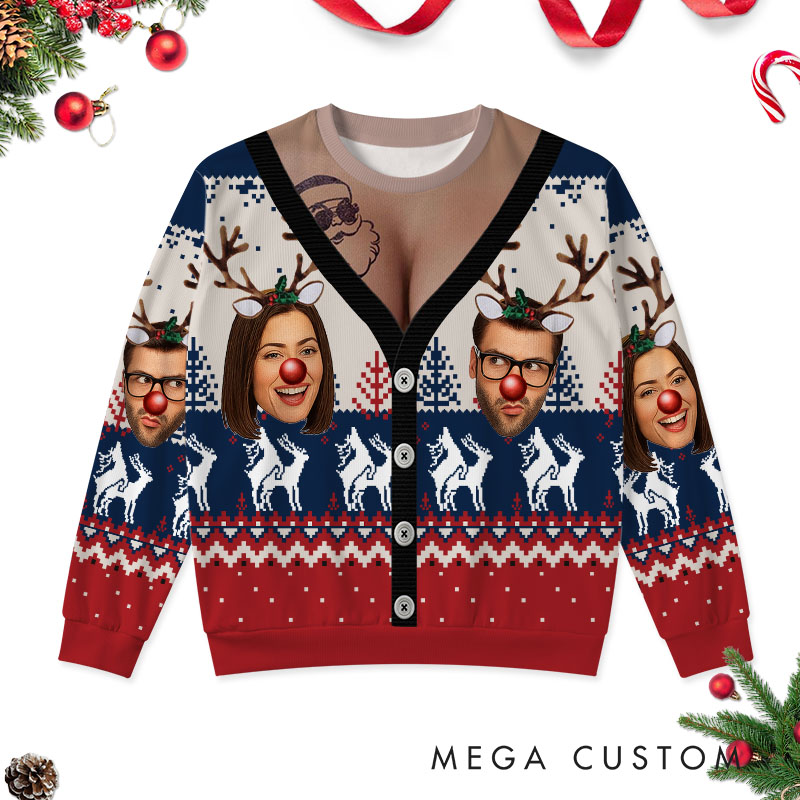 Personalized Funny Couple Face Photo Christmas Ugly Sweater Custom Couple Chest Xmas Matching Crewneck Sweatshirt Christmas Gift for Husband Wife