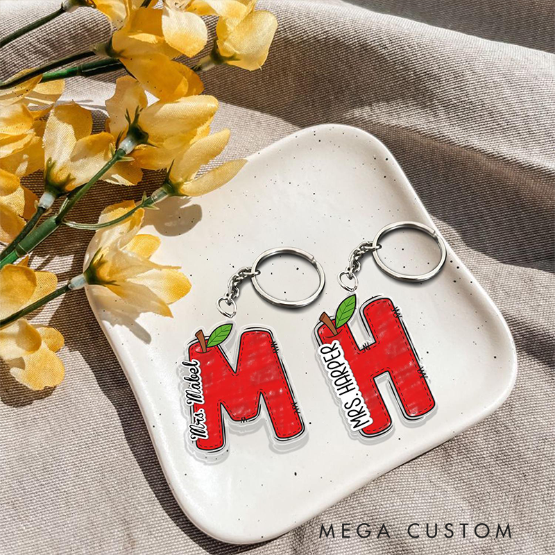 Personalized Teacher Acrylic Keychain with Apple Name Design Teacher Appreciation Gift Favorite Educator Backpack Tag Gift