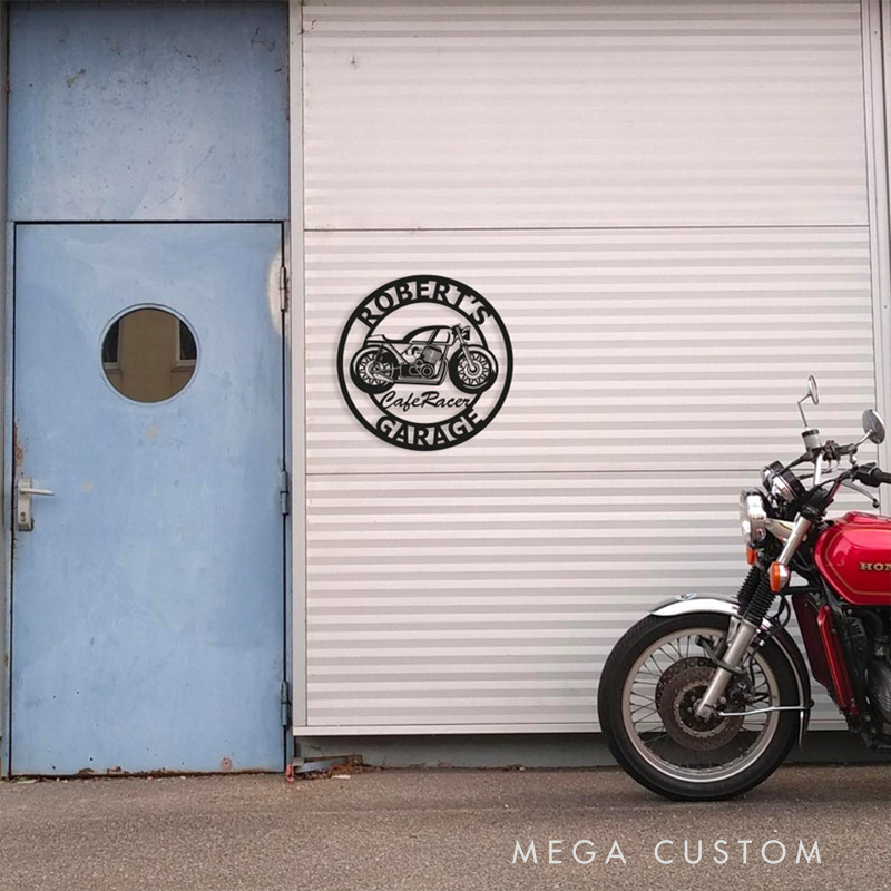 Personalized Cafe Racer Garage Metal Sign Custom Round Motorcycle Wall Art with Name Biker Workshop Decor Gift for Motorcycle Racer and Motorbike Lovers