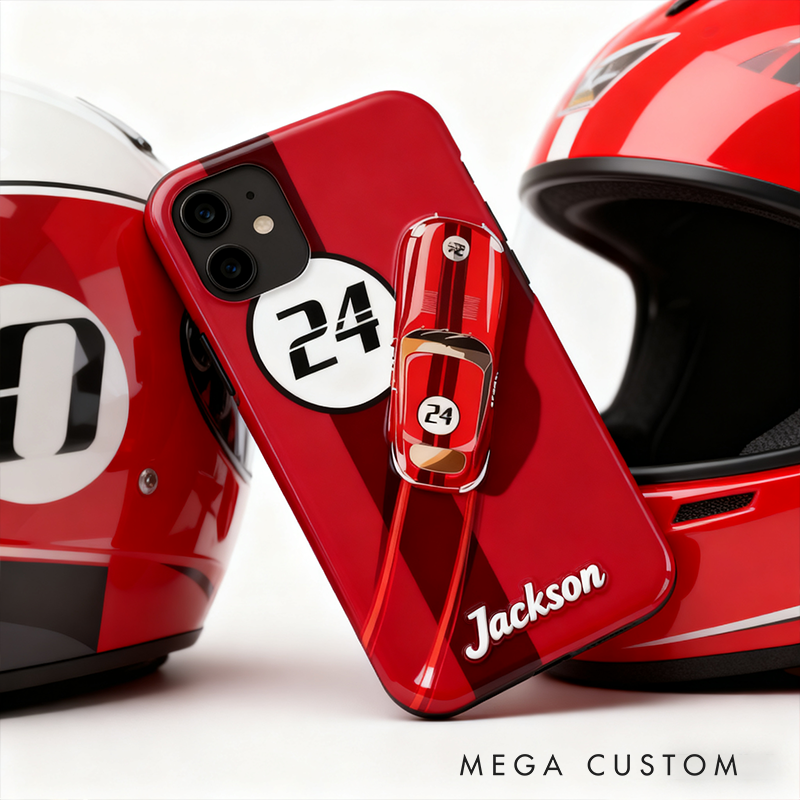 Personalized Racing Style Phone Case Custom Name and Number Retro Car Design Gift for Car Lovers