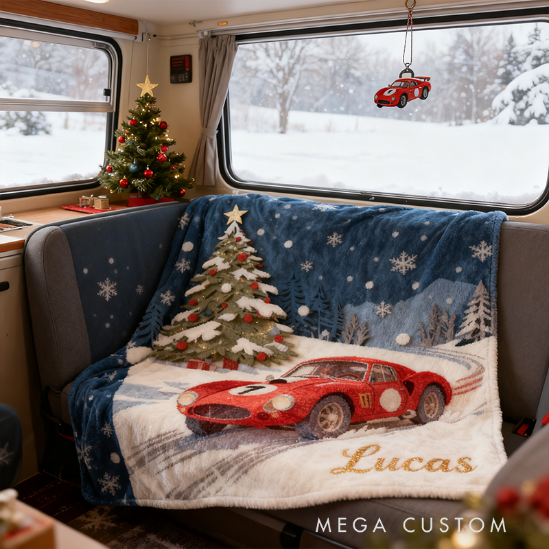 Personalized Christmas Racing Car Blanket Custom Name Winter Throw for Car Lovers Holiday Gift Home Decor